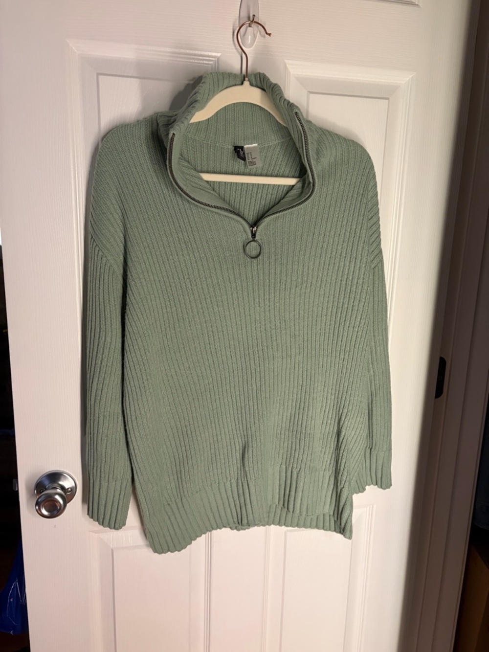 H&M Sage Green Ribbed Half-Zip Turtleneck Sweater